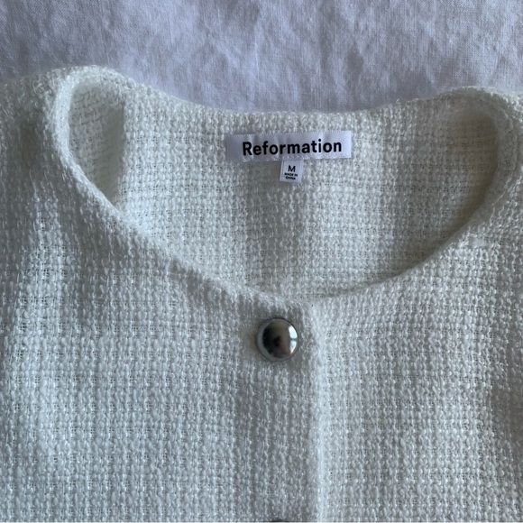 Reformation Trista Knit Tweed Crewneck Button Crop Cardigan Suit Jacket White - Picture 7 of 11